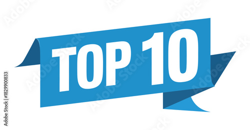  “Blue ribbon banner with bold white text reading ‘Top 10’ in modern flat style, ideal for ranking lists, best-of categories, award graphics, highlight labels, promotional designs and digital content.