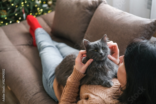 Woman in cozy sweater is relaxing on sofa petting fluffy gray cat on her chest with decorated Christmas tree in blurred background. Christmas comfort, pet love, festive season, relaxing winter weekend