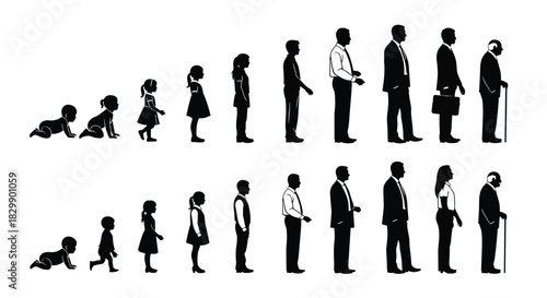 Human Life Cycle Silhouettes Vector, Growth and Aging Process, Male and Female Progression from Baby to Elderly