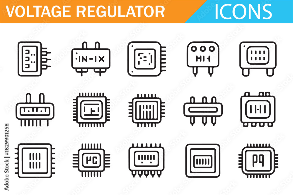 Fototapeta premium Voltage regulator and electronic microchip outline icon set for power control systems