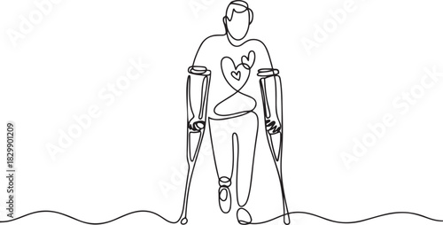 Disability man with love continuous one line drawing. Disabled people with armpit crutches concept. one line Icon drawing