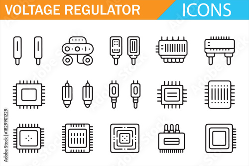 Power regulation and electronic processor outline icons for engineering projects