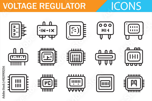 Voltage regulator and electronic microchip outline icon set for power control systems
