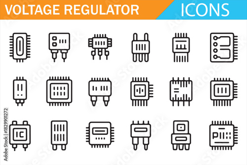 Voltage regulator and electronic chip outline icon set with microcontroller, power control and circuit symbols for digital technology, engineering and UI design