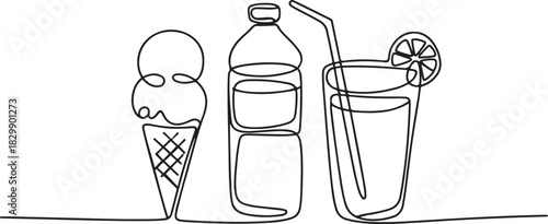 one continuous line drawing of ice cream, mineral water and soft drink isolated on white background. Drink menu concept vector illustration. one line Icon drawing