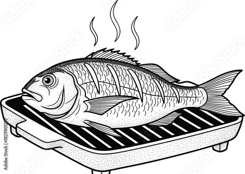 Hand drawn sketch style vector illustration of grilled whole fish on pan isolated on white background for seafood menu