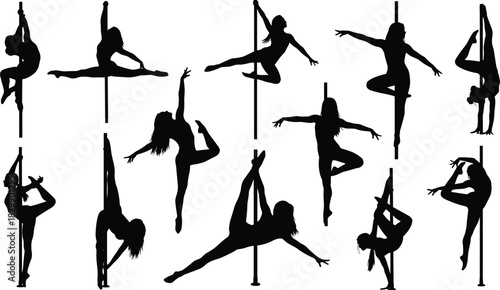 Set of black silhouette women pole dancing in various athletic and artistic poses isolated on white background vector illustration collection