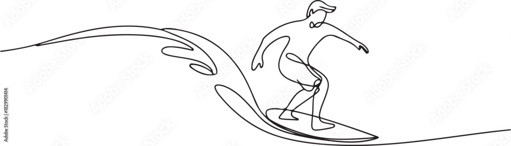 Naklejka premium Man playing surfboard on beach continuous line drawing. Sport and adventure concept. Vector illustration minimalist design. one line Icon drawing