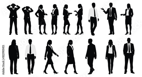 Professional business people silhouettes set, diverse group of corporate men and women standing and walking, team leader discussion, black and white vectors
