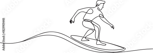 Man playing surfboard on beach continuous line drawing. Sport and adventure concept. Vector illustration minimalist design. one line Icon drawing