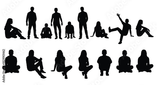 Set of adult people silhouettes in various sitting, standing, and crouching poses, including men and women, isolated black vector figures on white background.