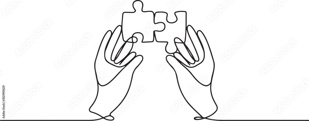 Fototapeta premium One Line Drawing Two Hands Holding Puzzle Piece. Teamwork Connection Symbol Vector. one line Icon drawing