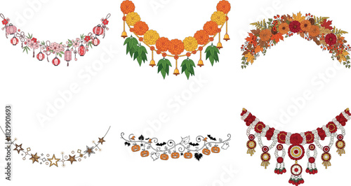 Collection of decorative garlands with flowers, butterflies, moons and stars isolated on transparent background