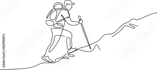 Continuous one-line drawing of a hiker navigating rough terrain with a backpack and walking stick. one line Icon drawing