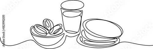 fast breaking dish for iftar in one single continuous line drawing style isolated. one line Icon drawing
