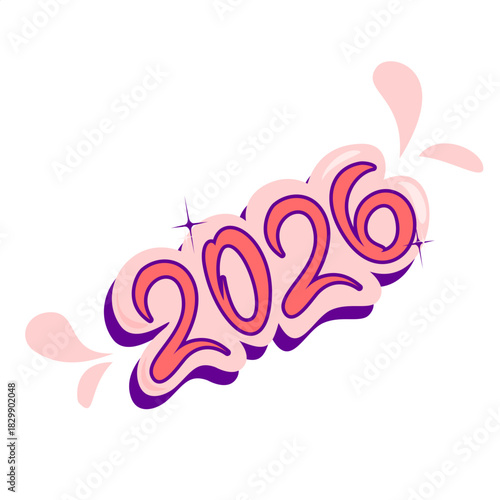 Vibrant and playful 2026 graphic. Bubbly typography, dynamic splashes, sparkling accents. Perfect for new year celebrations, future events, and festive digital content