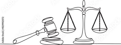 hammer judge and scale of justice continuous one line drawing. Law and justice concept. one line Icon drawing