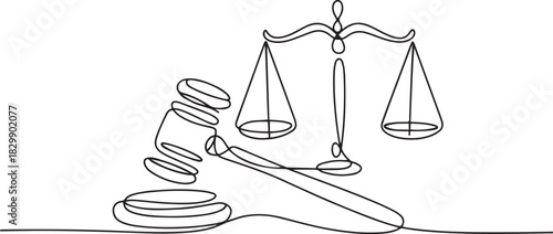 hammer judge and scale of justice continuous one line drawing. Law and justice concept. one line Icon drawing