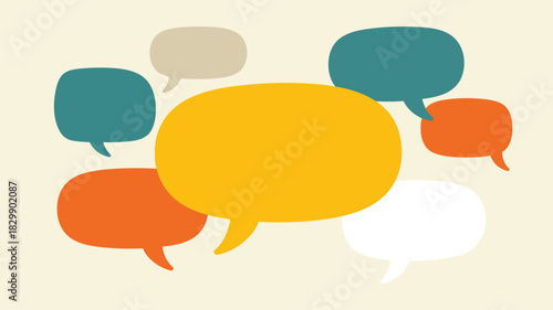  “Colorful speech bubble illustration with overlapping dialogue shapes in yellow, orange, teal and beige, modern communication concept design for conversations, messaging, chat, discussion and social 