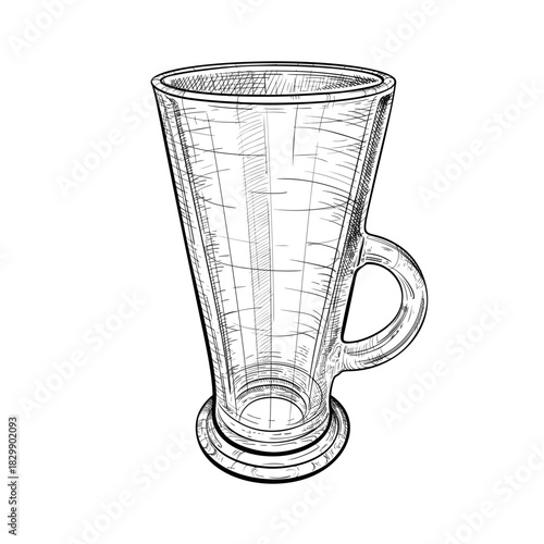 Black and white handdrawn sketch of a tall latte glass with handle. Vector illustration of a transparent mug for hot drinks, latte, Irish coffee, tea or mulled wine isolated on white background