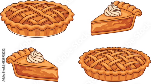 Traditional Pumpkin Pie and Slices Vector Illustration Set with Flaky Crust, Smooth Filling, and Whipped Cream Topping for Holiday Desserts
