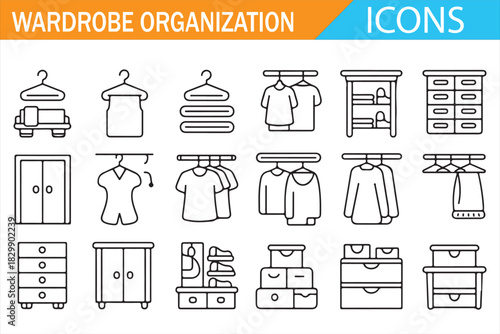 Modern wardrobe and closet organization linear icon set