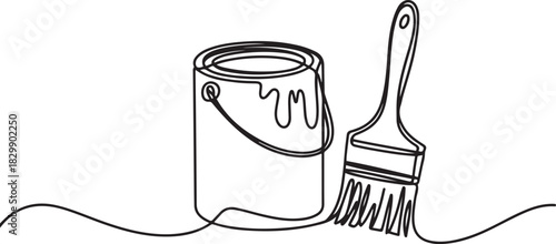 Continuous line drawing of paint can and brush . Vector illustration isolated. Minimalist design handdrawn. one line Icon drawing