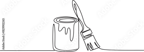Continuous line drawing of paint can and brush . Vector illustration isolated. Minimalist design handdrawn. one line Icon drawing