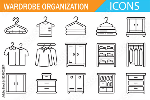 Modular wardrobe, drawer and hanger outline icons for storage systems