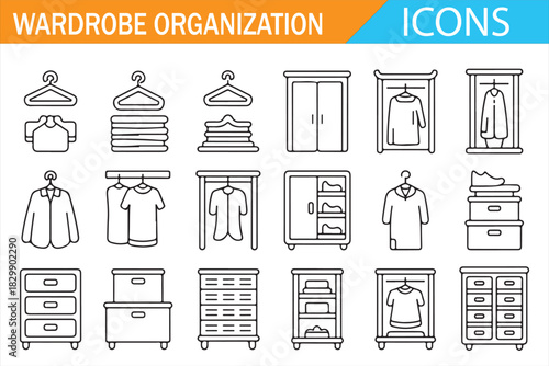Home closet furniture and wardrobe organization thin line icons