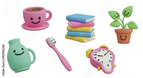 Cute 3D rendered collection of everyday objects with happy faces and vibrant colors, including coffee cup, books, plant, vase, toothbrush, and alarm clock