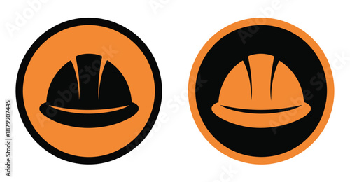  “Construction safety helmet icon set in circular badge design, bold black and orange hard hat symbols representing workplace protection, industrial safety, engineering, labor and hazard awareness gra
