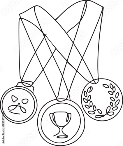 Single continuous one line drawing of medals, awards, olympics Vector illustration isolated. one line Icon drawing