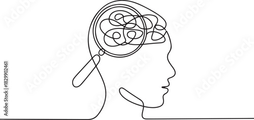 Looking for mental health problem in continuous one line drawing. Magnifying glass and confused feelings and thoughts in head. Psychology concept. one line Icon drawing