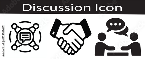discussion icon vector symbol design illustration, featuring speech bubbles, conversation elements, clean line art, minimal style, and versatile graphics suitable for communication, chat, and dialogue