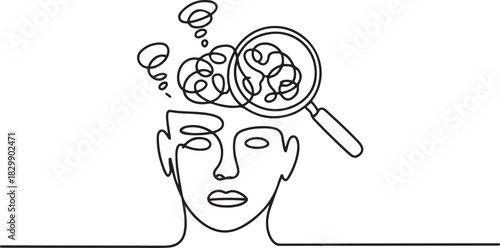 Looking for mental health problem in continuous one line drawing. Magnifying glass and confused feelings and thoughts in head. Psychology concept. one line Icon drawing