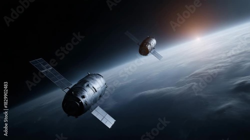 4k Two spacecraft modules performing orbital docking above Earth. One module cylindrical with metallic texture, the other with extended solar panels. Both floating in zero gravity