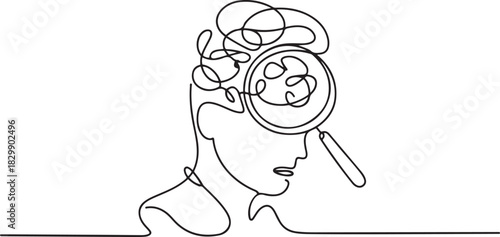 Looking for mental health problem in continuous one line drawing. Magnifying glass and confused feelings and thoughts in head. Psychology concept. one line Icon drawing