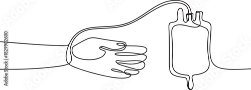 Blood donation in continuous line drawing. One single outline transfusion bag with hand. one line Icon drawing
