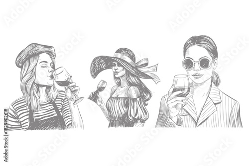 hand drawn wine illustration set featuring stylish women holding wine glasses detailed vintage sketch line art perfect for wine tasting culture design trendy fashion artwork. eps 10