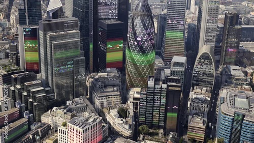 london city financial skyline from a helicopter