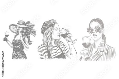 Wine concept vector illustration for modern design. fashionable women with wine set isolated hand drawn sketch line art illustrations with woman pours wine into decanter holds glass. eps10