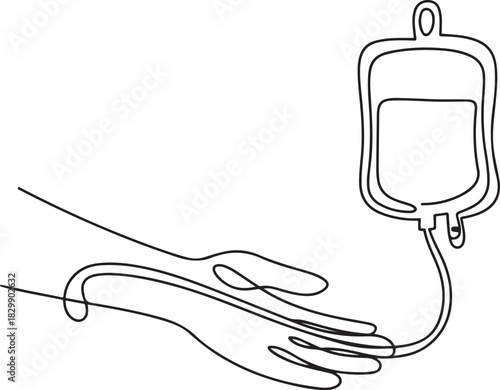 Blood donation in continuous line drawing. One single outline transfusion bag with hand. one line Icon drawing