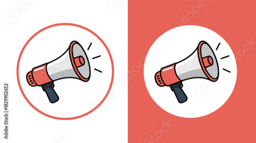  “Megaphone icon set with bold outline design in circular badge style, loudspeaker symbol for announcements, alerts, notifications, marketing messages and communication concepts in modern cartoon styl