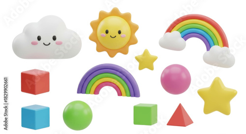 Cute cartoon 3d elements for kids sun, rainbow, cloud, stars, and geometric shapes for learning and fun