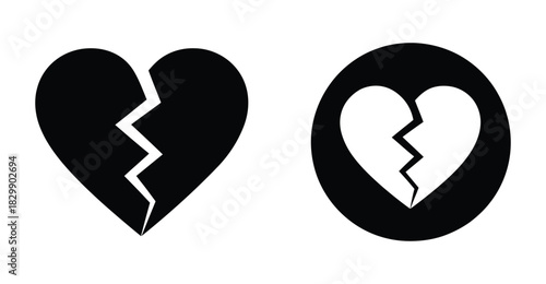  “Broken heart icon set with bold split-heart silhouette and circular variant, minimal black design symbolizing heartbreak, sadness, emotional pain, relationship breakup and love loss concepts”
