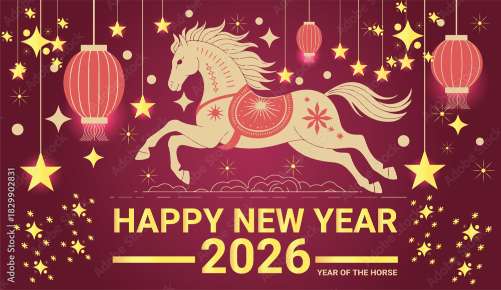 Naklejka premium A vibrant Happy new year 2026 celebration featuring a horse and traditional lanterns