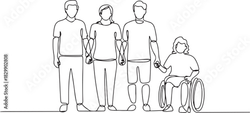 Group of people hold hands. Friends together with disabled. One continuous line drawing vector illustration. one line Icon drawing