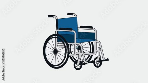 “Detailed wheelchair illustration with blue seat and metal frame, medical mobility equipment graphic for rehabilitation, healthcare support, disability assistance and hospital accessibility concepts” 
