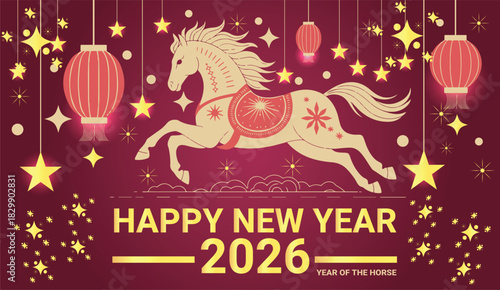 A vibrant Happy new year 2026 celebration featuring a horse and traditional lanterns